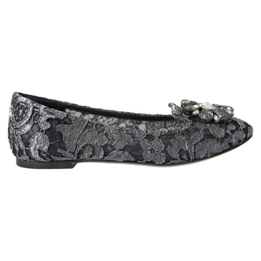 Dolce & Gabbana Gray Black Lace Crystal Ballet Loafers Shoes Dolce & Gabbana Dark Slate Gray