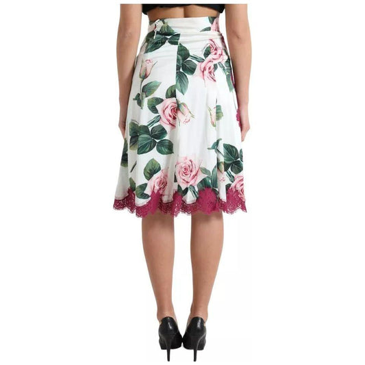 Dolce & Gabbana White Rose Print High Waist Midi A-line Skirt Dolce & Gabbana Light Gray