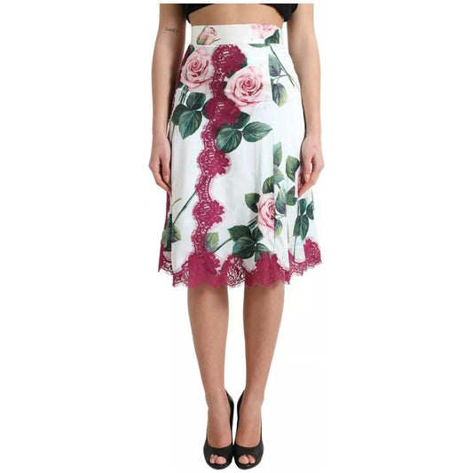 Dolce & Gabbana White Rose Print High Waist Midi A-line Skirt Dolce & Gabbana Gray