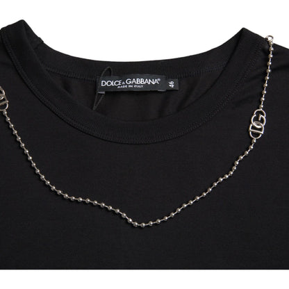 Dolce & Gabbana Black Cotton Silver Chain Short Sleeve T-shirt Dolce & Gabbana