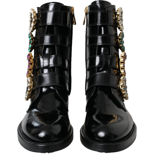Dolce & Gabbana Black Leather Crystal Buckles Boots Shoes Dolce & Gabbana Black