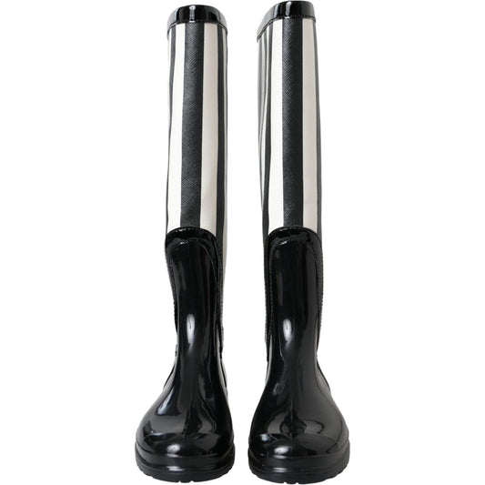 Dolce & Gabbana Black Rubber Knee High Flat Boots Shoes Dolce & Gabbana Light Gray