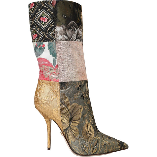 Dolce & Gabbana Multicolor Patchwork Print Heeled Boots Shoes Dolce & Gabbana Dark Olive Green