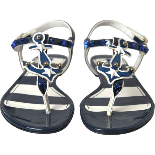 Dolce & Gabbana Blue Stripes Leather Studded Flats Sandals Shoes Dolce & Gabbana Dark Slate Gray
