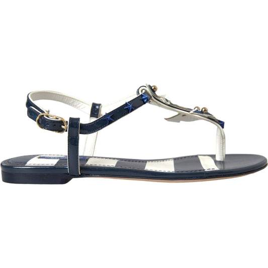 Dolce & Gabbana Blue Stripes Leather Studded Flats Sandals Shoes Dolce & Gabbana Dark Slate Gray