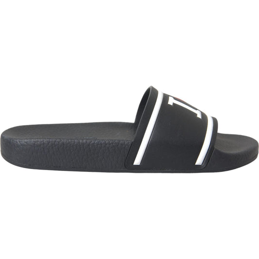 Dolce & Gabbana Black Leather I Love D&G Sandals Slides Shoes Dolce & Gabbana Dark Slate Gray