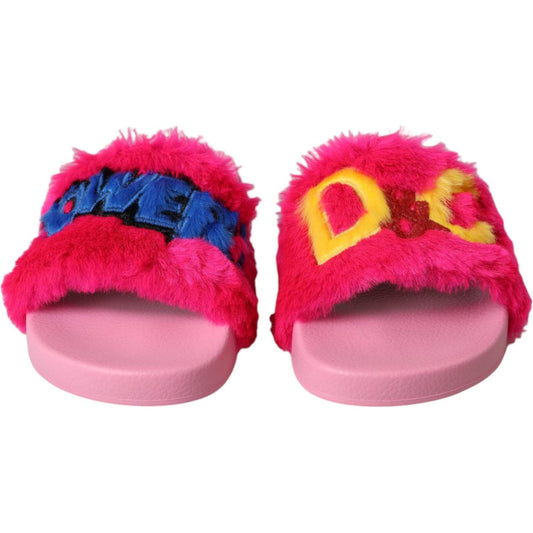 Dolce & Gabbana Multicolor Embroidered Fur Slides Sandals Shoes Dolce & Gabbana Maroon