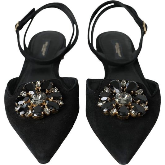 Dolce & Gabbana Black Leather Crystal Slingback Sandals Shoes Dolce & Gabbana Black