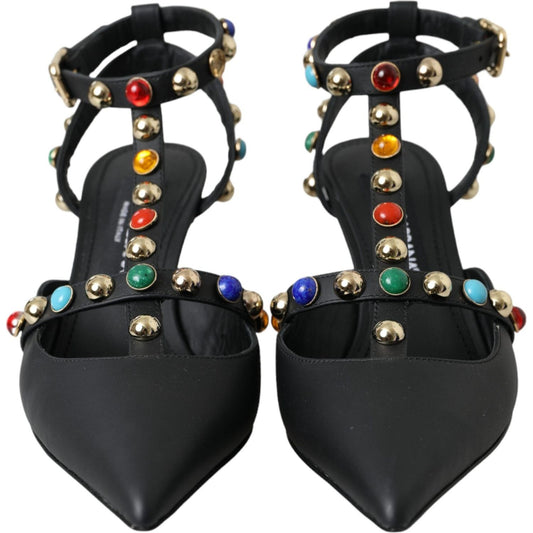 Dolce & Gabbana Black Leather Embellished Heels Sandal Shoes Dolce & Gabbana Dark Slate Gray