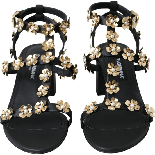 Dolce & Gabbana Black Leather Embellished Heel Sandal Shoes Dolce & Gabbana Tan