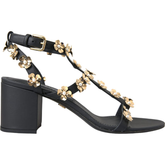 Dolce & Gabbana Black Leather Embellished Heel Sandal Shoes Dolce & Gabbana Dark Slate Gray