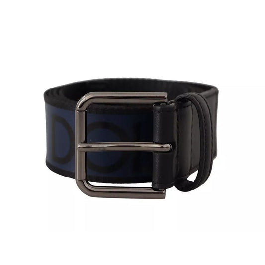 Dolce & Gabbana Blue Black Logo Print Silver Buckle Belt