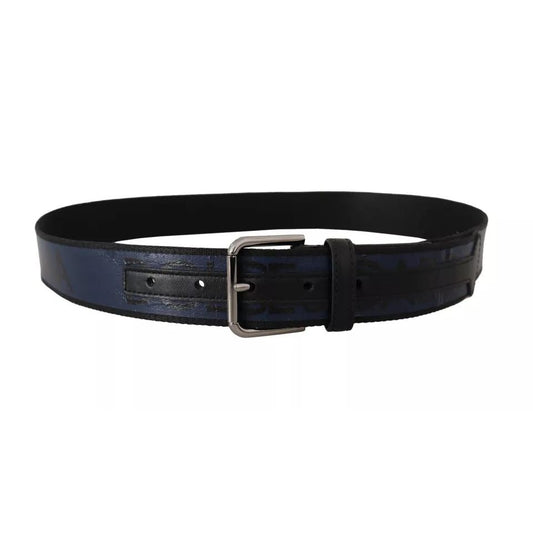 Dolce & Gabbana Blue Black Logo Print Silver Buckle Belt