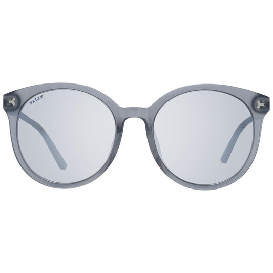 Bally gray cat-eye women's sunglasses with mirrored gradient lenses, metal and plastic frame, full-rim style, 100% UVA & UVB protection.
