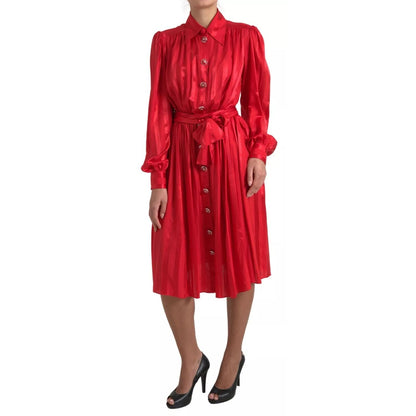 Dolce & Gabbana Red Button Down Belted Midi Satin Silk Dress