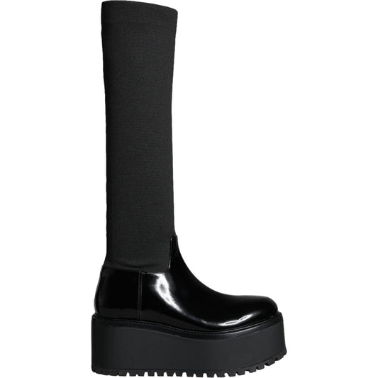 Dolce & Gabbana Black Leather Jersey Knee High Boots Shoes Dolce & Gabbana Black