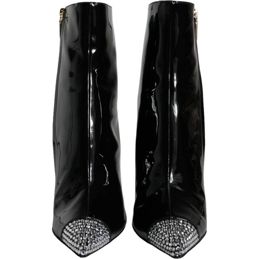 Dolce & Gabbana Black Patent Leather Crystal Heel Boots Shoes Dolce & Gabbana Black