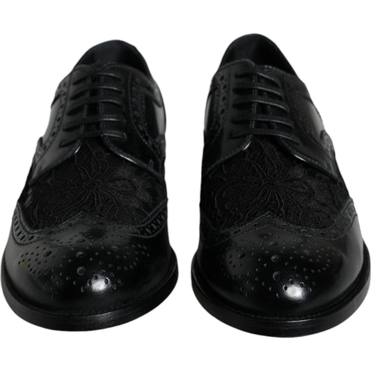 Dolce & Gabbana Black Leather Floral Lace Dress Formal Shoes Dolce & Gabbana Black
