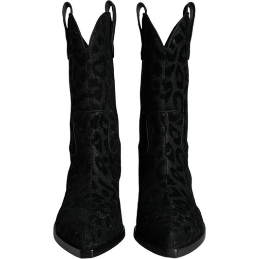 Dolce & Gabbana Black Gray Leopard Cowboy Boots Shoes LA11525-35