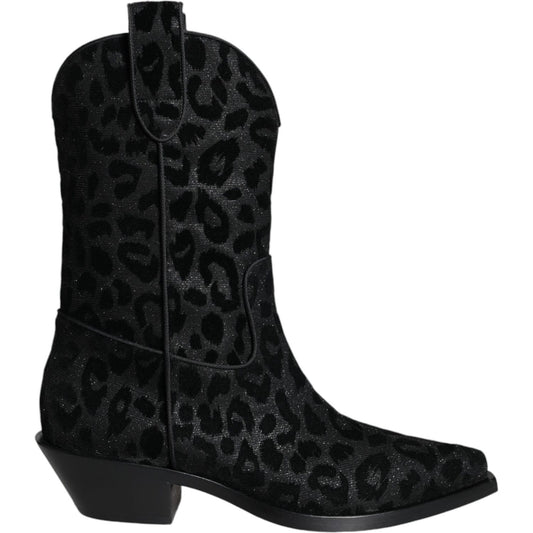 Dolce & Gabbana Black Gray Leopard Cowboy Boots Shoes LA11525-35