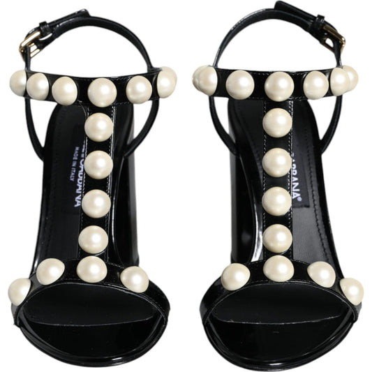 Dolce & Gabbana Black Leather Pearls T-strap Sandals Shoes Dolce & Gabbana Light Gray