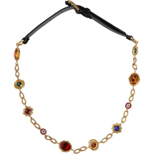 Dolce & Gabbana Black Leather Gold Brass Crystal Chain Waist Belt Dolce & Gabbana Rosy Brown