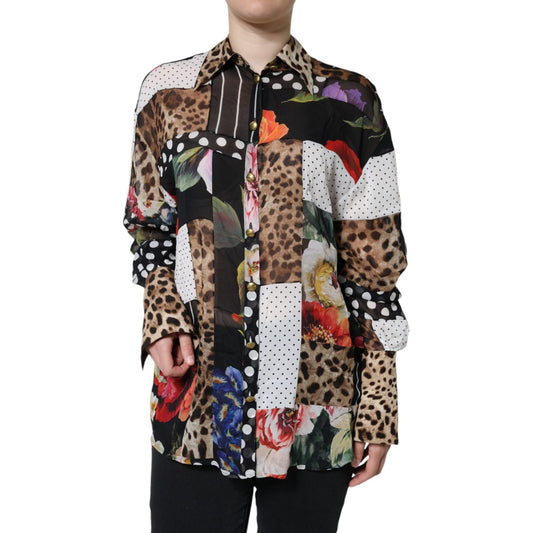 Dolce & Gabbana Multicolor Patchwork Silk Collared Blouse Top Dolce & Gabbana Gray
