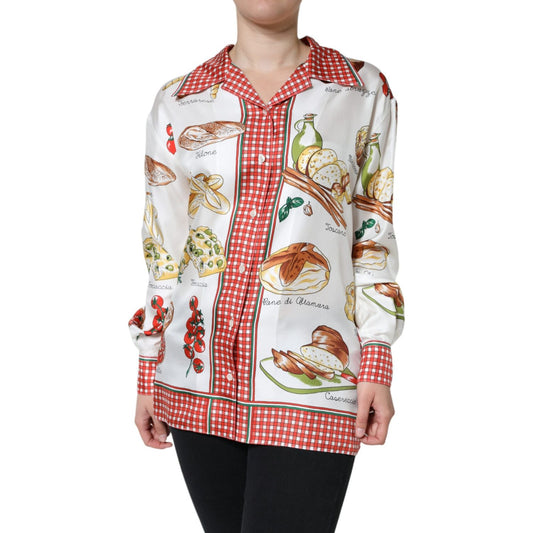 Dolce & Gabbana Multicolor Bread Print Collared Blouse Top Dolce & Gabbana Light Gray