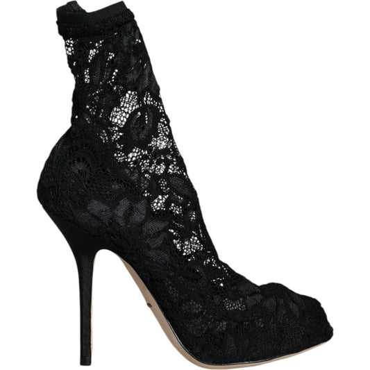 Dolce & Gabbana Black Lace Stretch Heels Mid Calf Boot Shoes Dolce & Gabbana Black