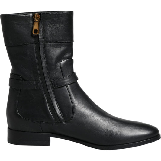 Dolce & Gabbana Black Leather Logo Mid Calf Boots Shoes Dolce & Gabbana Dark Slate Gray