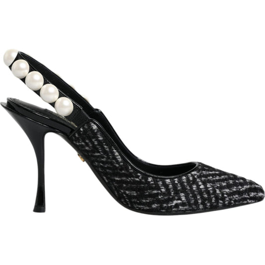 Dolce & Gabbana White Black Chevron Faux Pearl Slingback Shoes Dolce & Gabbana Black