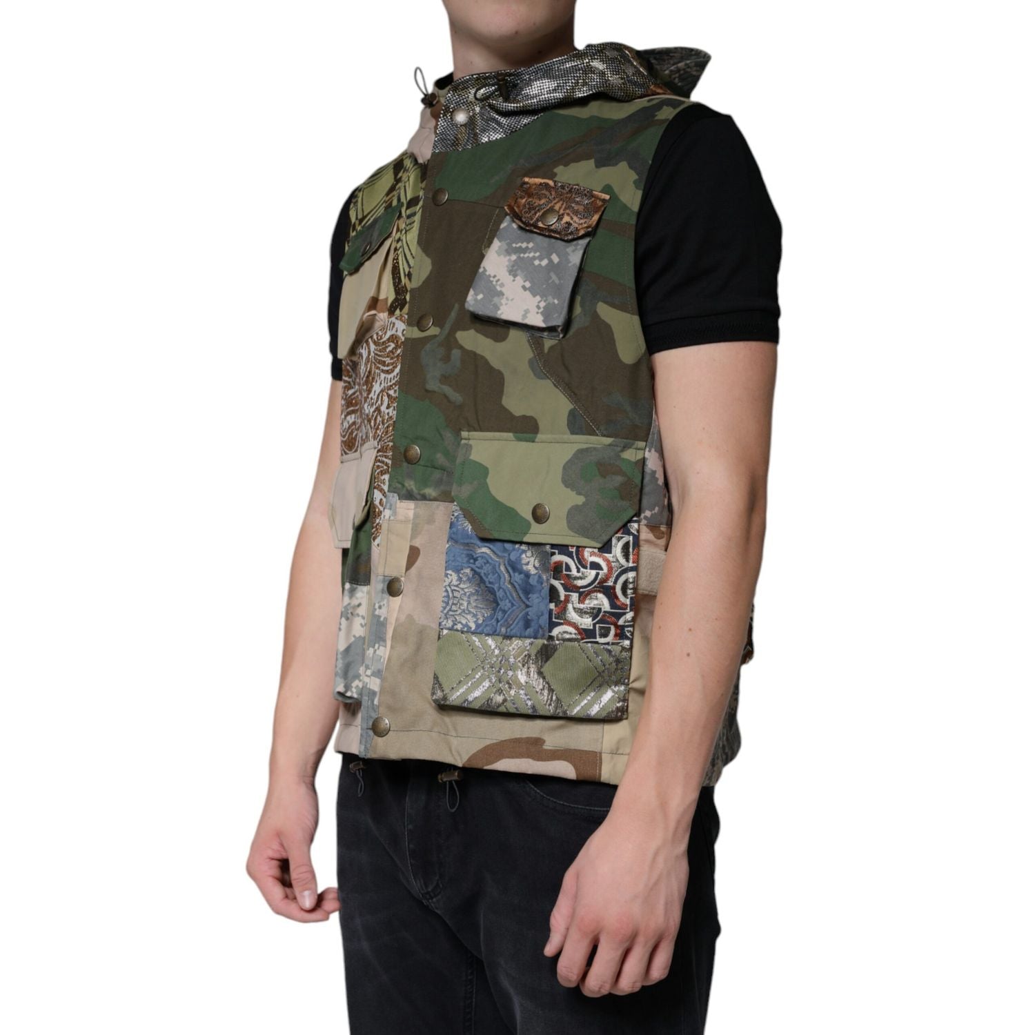 Dolce & Gabbana Multicolor Patchwork Hooded Vest Jacket