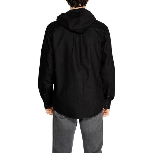 Back view of Antony Morato black cotton shirt for men, fall/winter collection 100% cotton, showcasing long sleeves and hood.