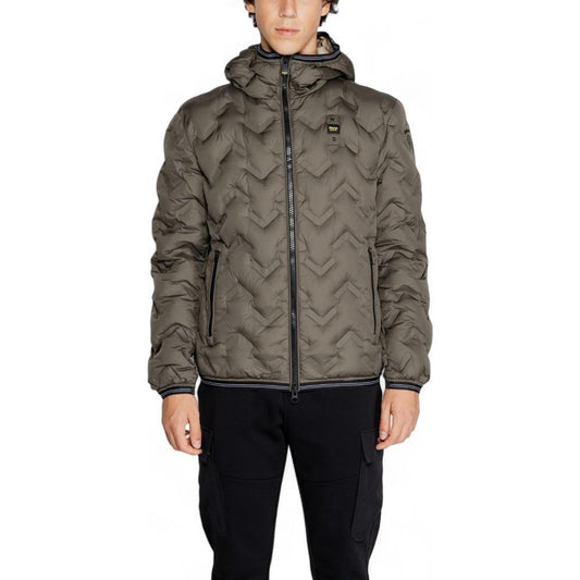 Blauer green polyethylene jacket for men, fall/winter collection, 100% polyurethane, front view with hood, modern quilted design