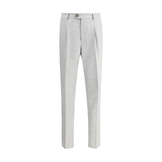 Brunello Cucinelli virgin wool pants with button-zip closure, side slash pockets, back welt pockets, and belt loops for a tailored fit.