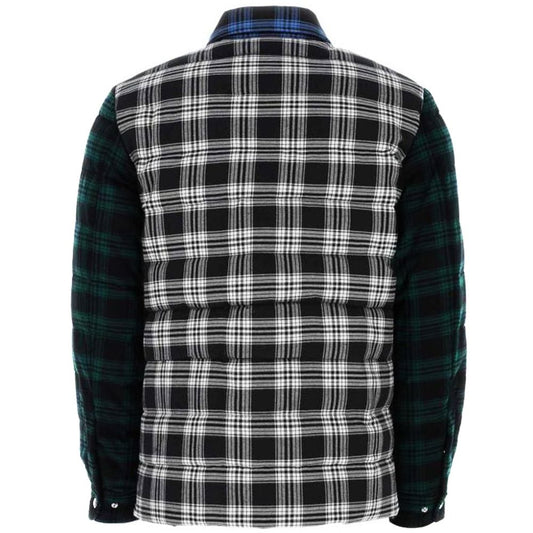 Back view of Woolrich multicolored checked cotton jacket with down padding and polyester lining, classic collar, and long sleeves.