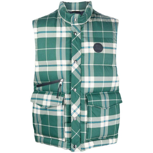 Woolrich green polyester vest with goose down padding, green checked print, button and zip fastening, front pockets.