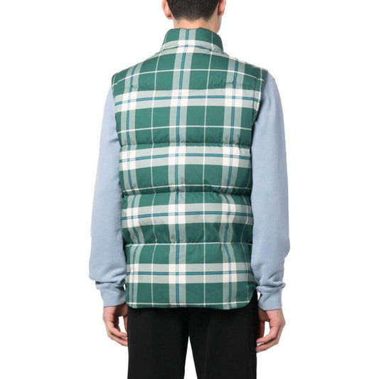 Back view of Woolrich green polyester vest with checked print and goose down padding, featuring button and zip fastening.