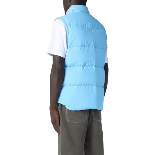 Back view of Woolrich light blue polyester vest with goose down padding and zip fastening.