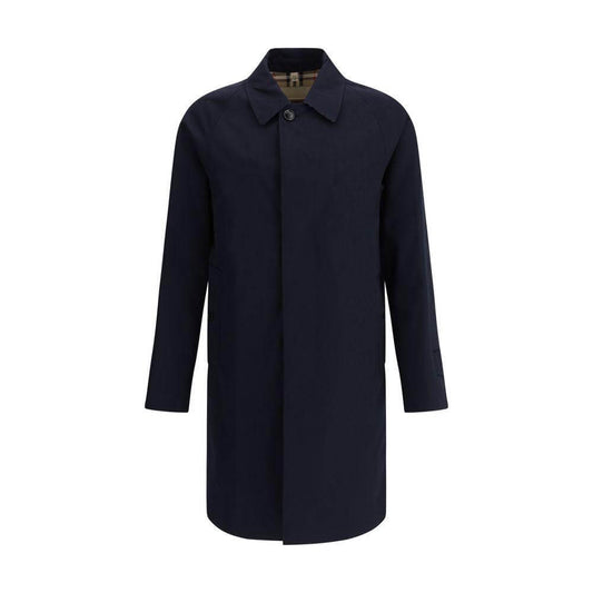 Burberry Camden Coat in cotton with classic collar, button closure, and Archivio Check lining, featuring welt pockets and adjustable cuffs.