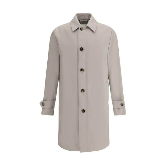 Burberry cotton breasted coat with classic collar, front button closure, and side pockets, featuring Archivio Check lining.