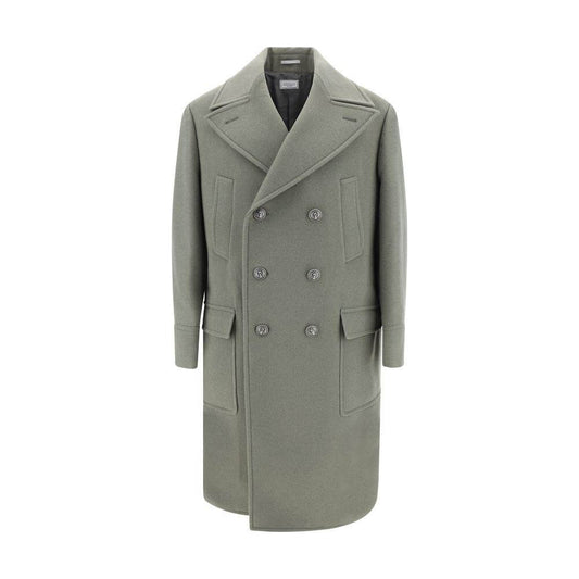 Brunello Cucinelli wool coat with double-breasted closure, spear lapels, and flap pockets, featuring a regular fit and structured shoulders.