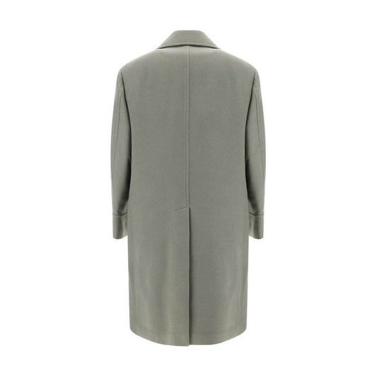 Back view of Brunello Cucinelli wool coat with structured shoulders, spear lapels, and back slit in sage green.