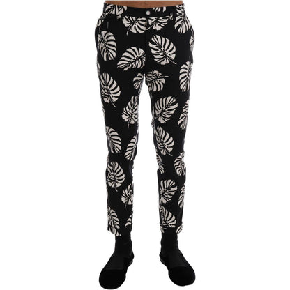 Dolce & Gabbana White Black Leaf Cotton Stretch Slim Pants 1728,3% Elastane (stretch),67345645728,Black/White,Casual Pants - Pants - Clothing,Clothing,Dolce & Gabbana,IT44 | XS,IT46 | S,Jeans & Pants - Men - Clothing,Material: 97% Cotton,Men,Men - Clothin