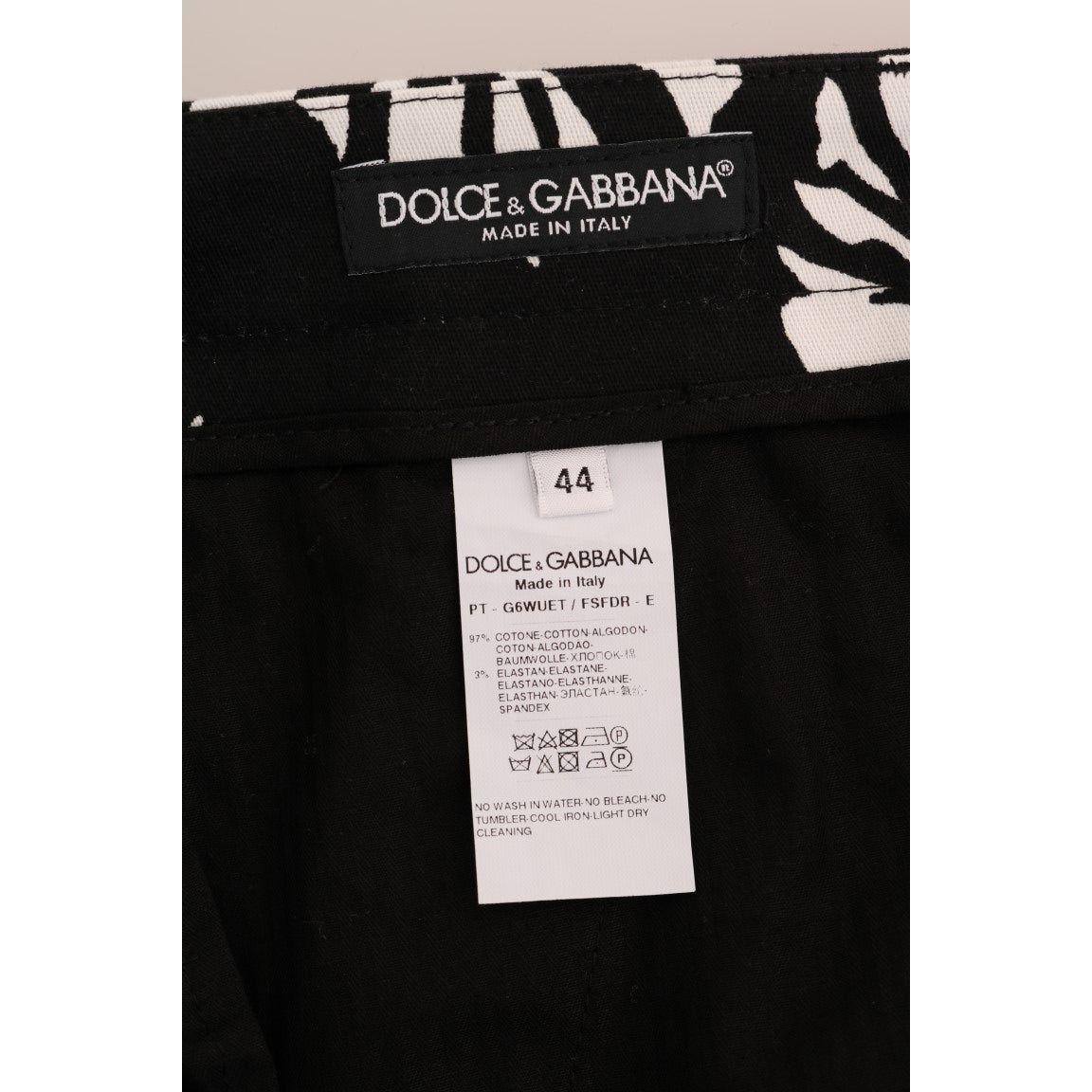 Dolce & Gabbana White Black Leaf Cotton Stretch Slim Pants 1728,3% Elastane (stretch),67345645728,Black/White,Casual Pants - Pants - Clothing,Clothing,Dolce & Gabbana,IT44 | XS,IT46 | S,Jeans & Pants - Men - Clothing,Material: 97% Cotton,Men,Men - Clothin