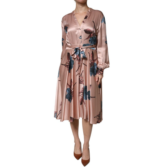 L'Autre Chose Pink Satin Floral Long Sleeves A-line Midi Dress L'Autre Chose