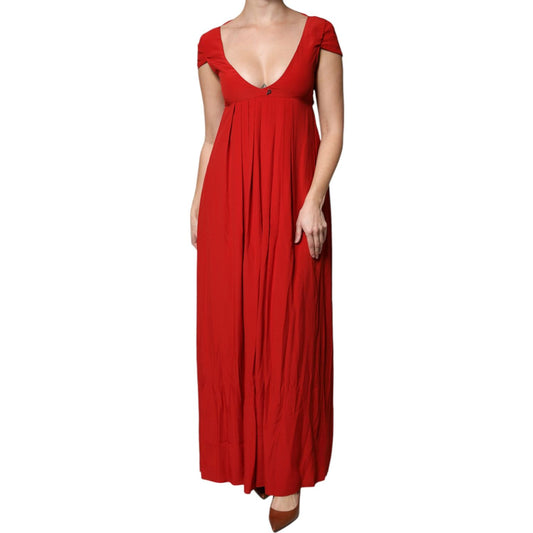 Dondup Red Acetate Short Sleeves Plunging Neckline Maxi Dress Dondup