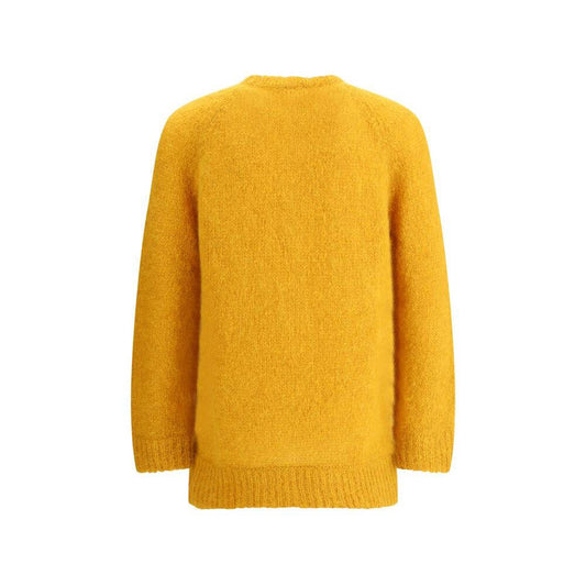 Back view of yellow Valentino wool maxi cardigan with ribbed hem and cuffs