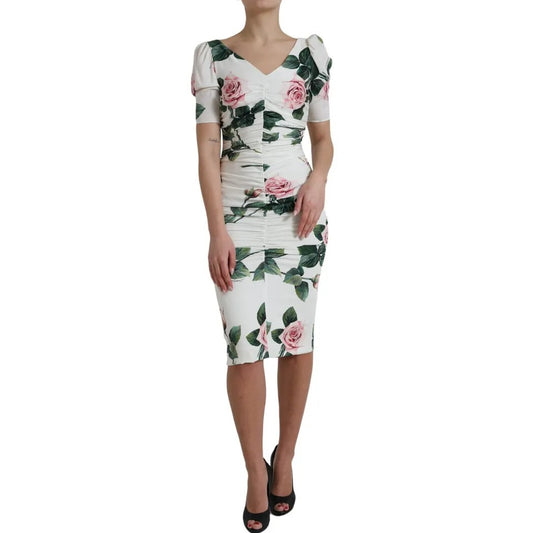 Dolce & Gabbana White Roses Print Stretch Silk Pleated Dress Dolce & Gabbana