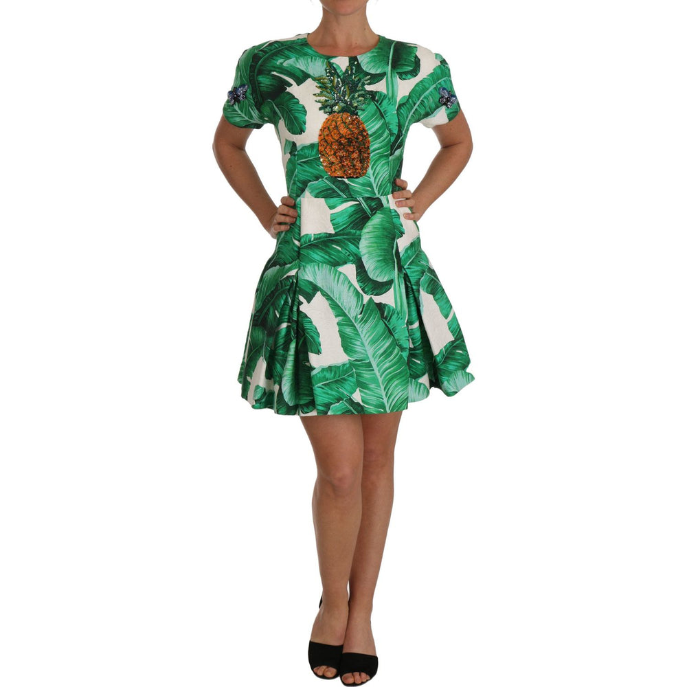 Dolce & Gabbana Elegant Green Banana Leaf Print A-Line Dress Dolce & Gabbana Dark Slate Gray